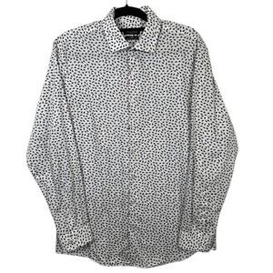 Kenneth Cole Stretch Slim Fit Dress Shirt White W/Blue Gray Abstract Size Medium